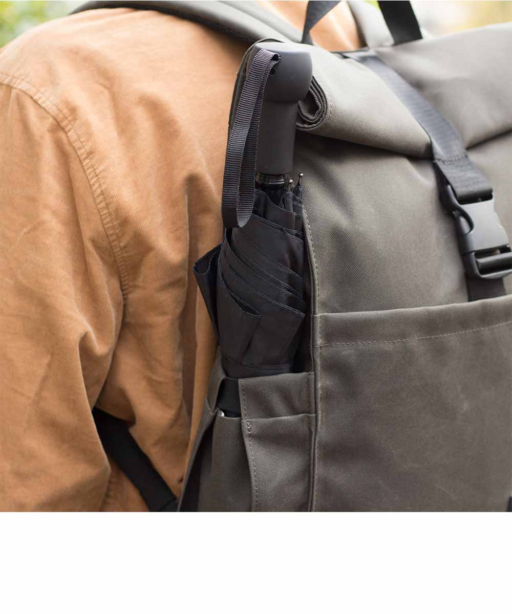Property of Max reflective roll top backpack